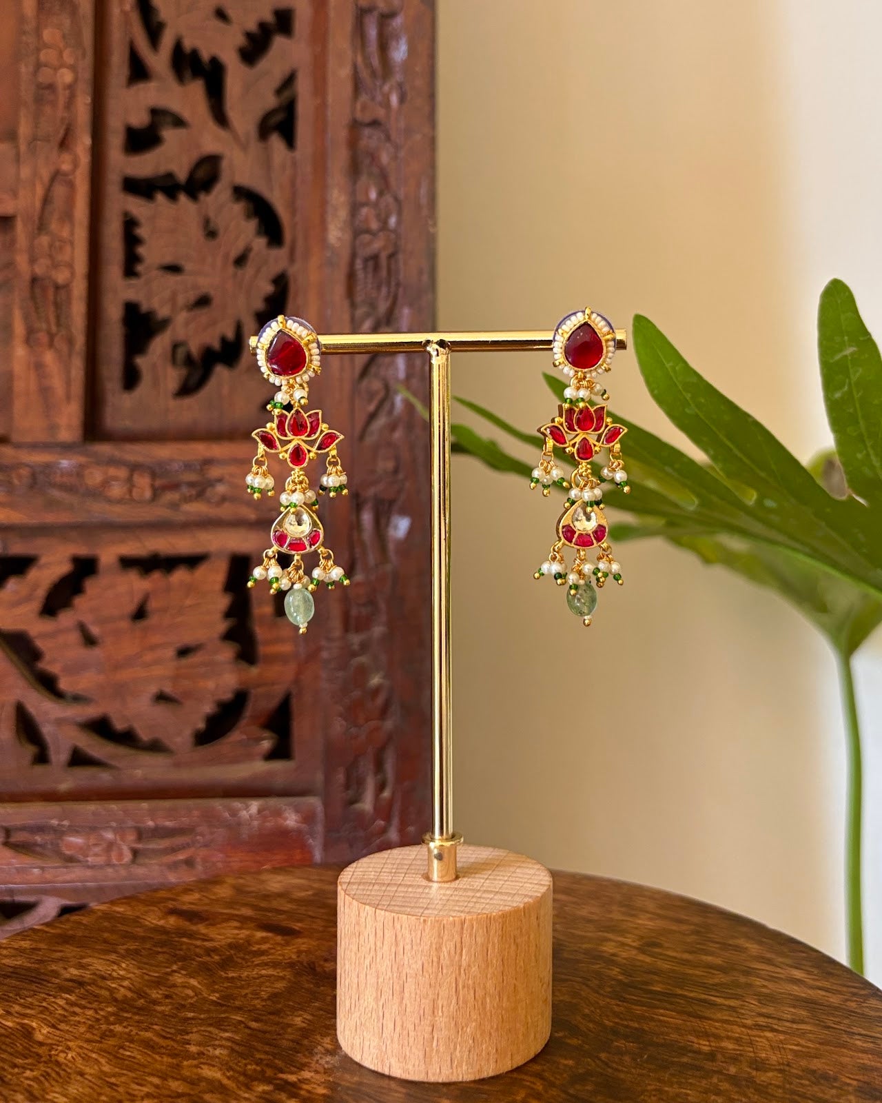 Lotus Floral Jadau Kundan Jhumkas with Pearl Hangings | Handmade Gold Plated | ER441