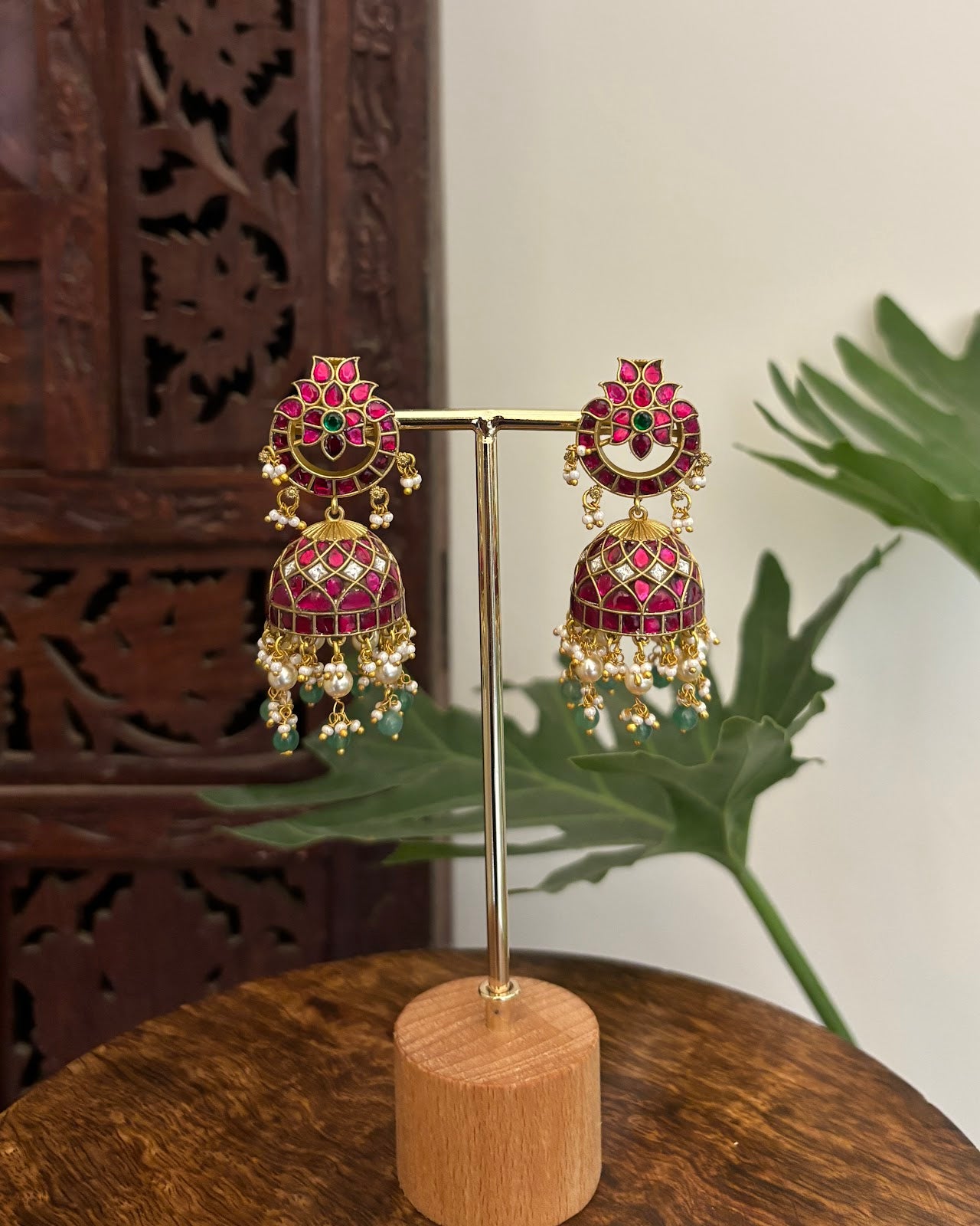 Multicolor Floral Jadau Kundan Jhumkas with Pearl Hangings ER398