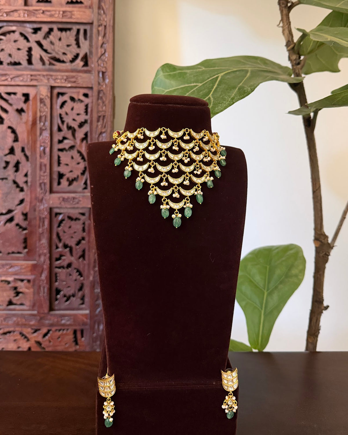 Moon Handcrafted Contemporary Kundan Necklace with Earrings | White | Handmade Gold Plated | NC877