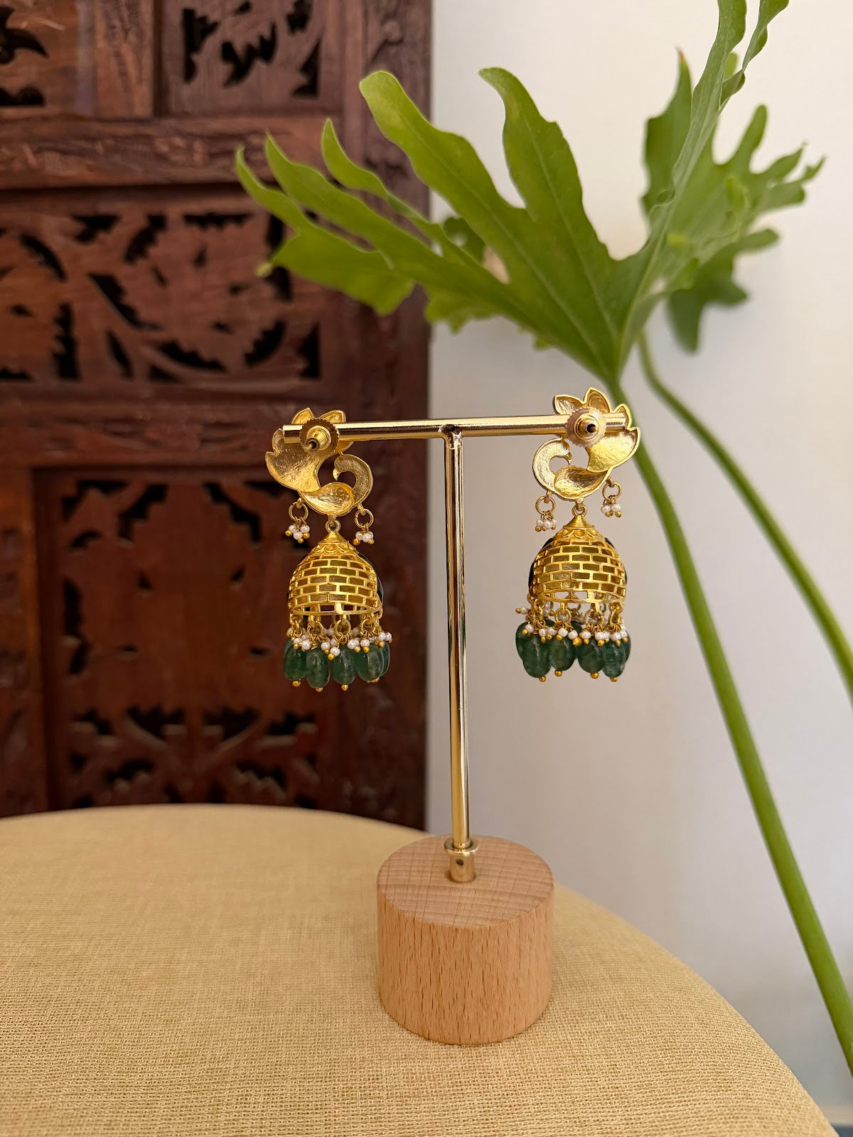Green Floral Peacock Jadau Kundan Jhumkas | ER417