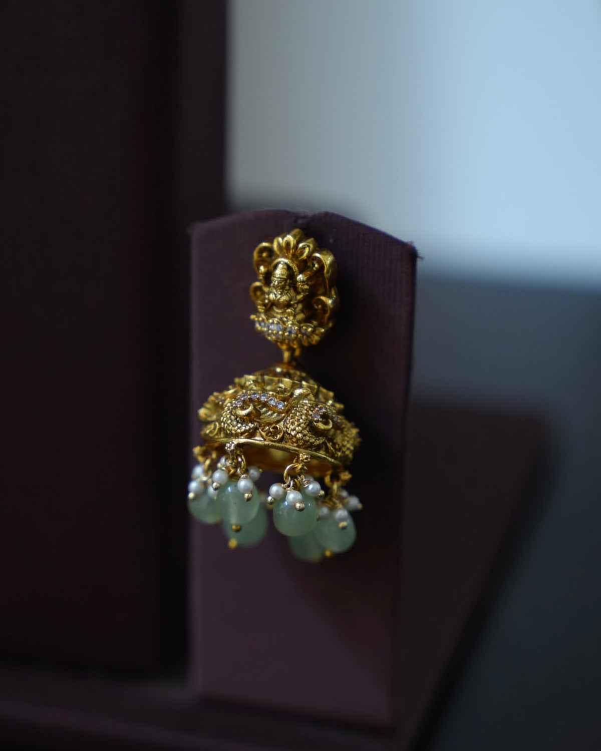 Antique Gold Plated Lakshmi Temple Necklace Set with Green Beads | Handmade Gold Plated | NC937