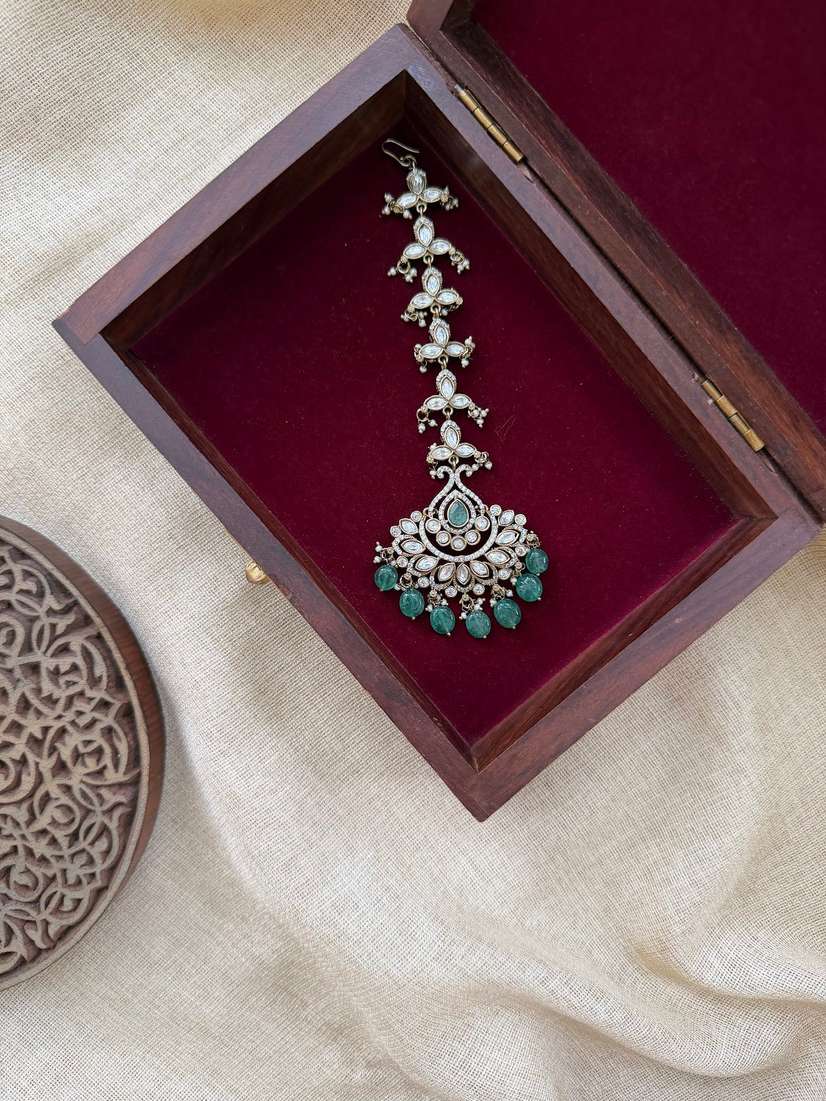 Green & White Floral AD Maang Tikka | Handmade Gold Plated | MT381