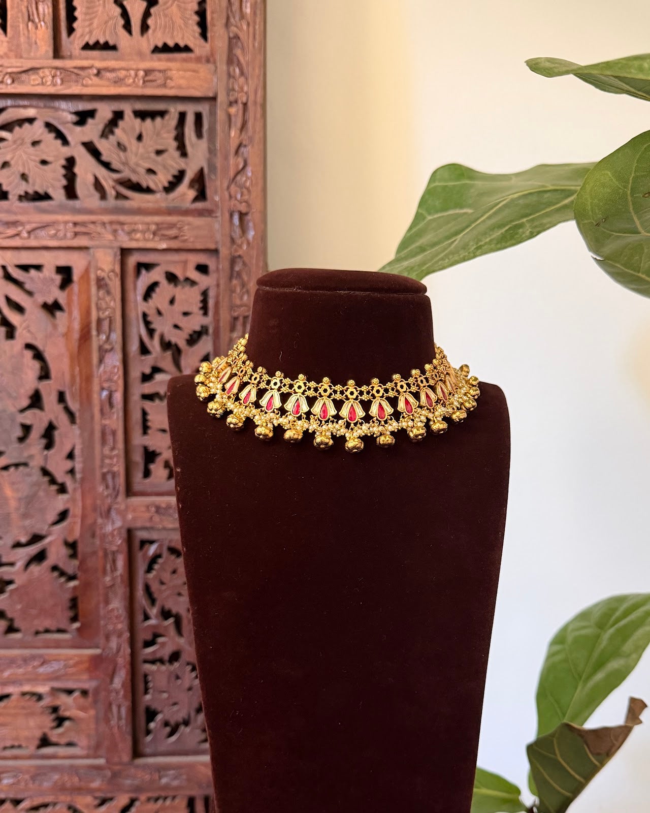 Floral Kundan Necklace with Earrings | Ruby & White | Handmade Gold Plated | NC846