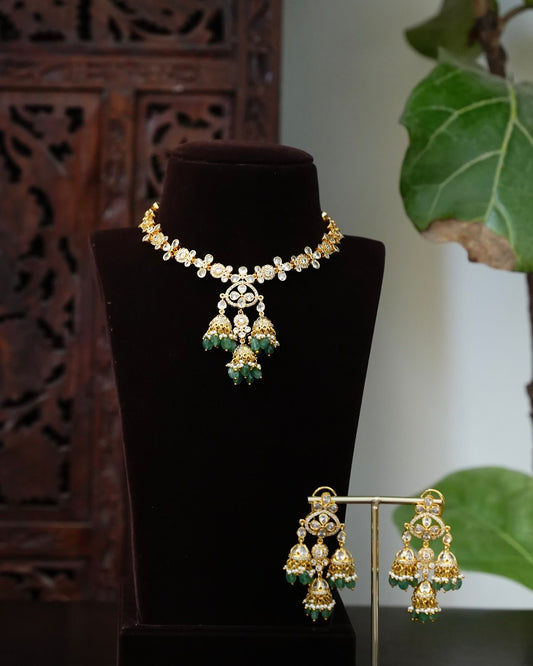 White Kundan Pendant Jhumka Necklace Set with Green Beads & Earrings | NC947