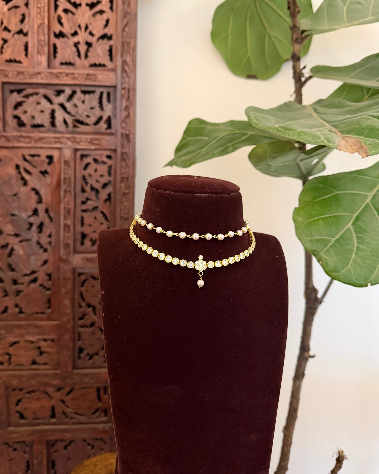 Layered Attigai Necklace with Earrings | Handmade Gold Tone | NC809