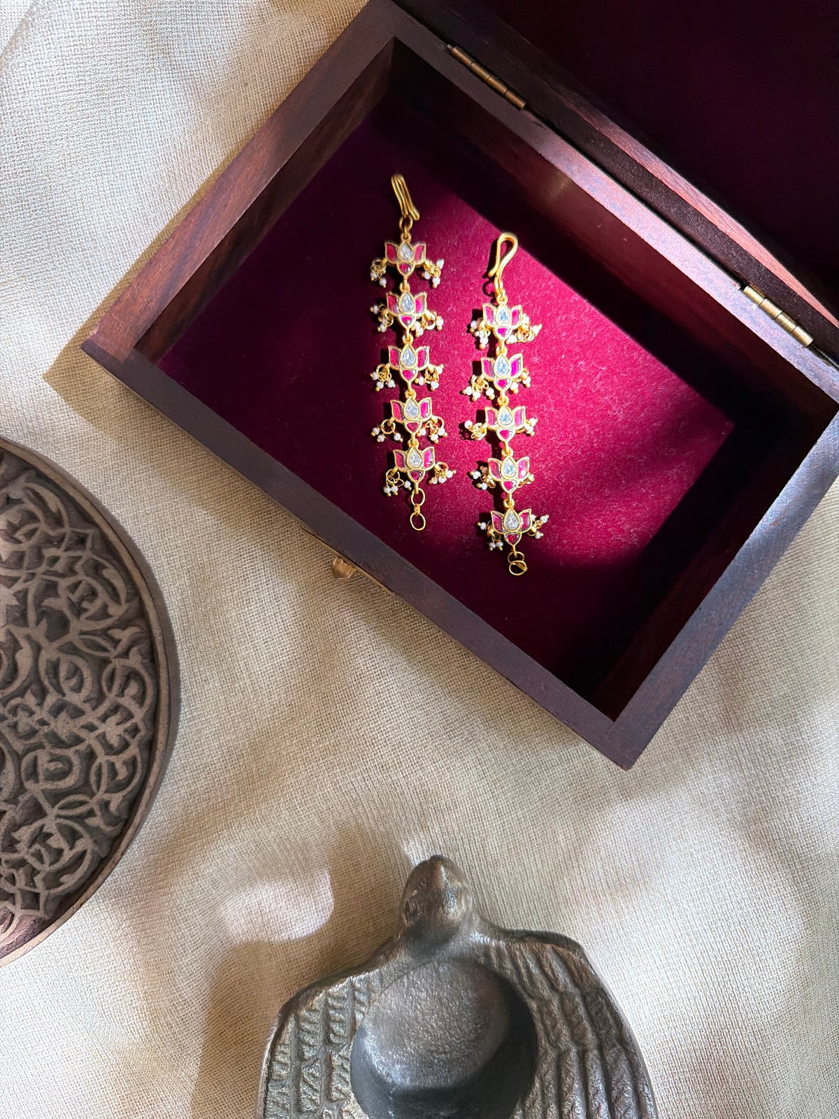 Kundan Floral Straight Ear Chain | Handmade Gold Plated | EC237