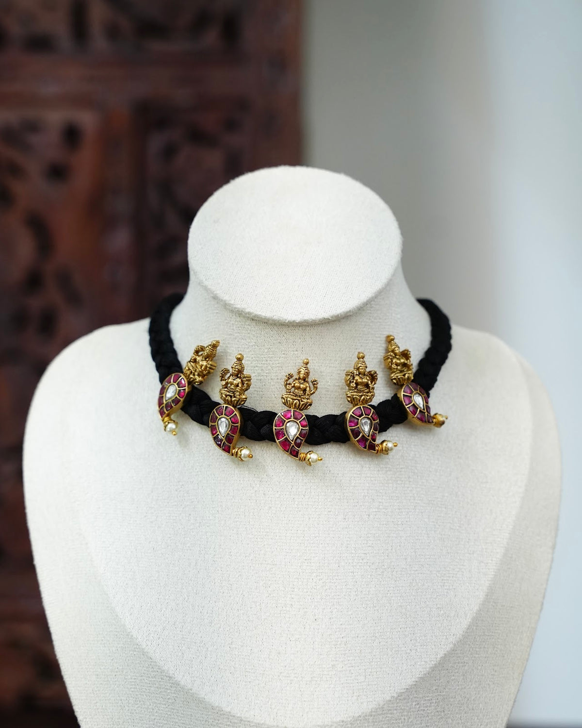 Vintage Black Thread Chain with Kundan Mango & Lakshmi Beads | Handmade | NC921