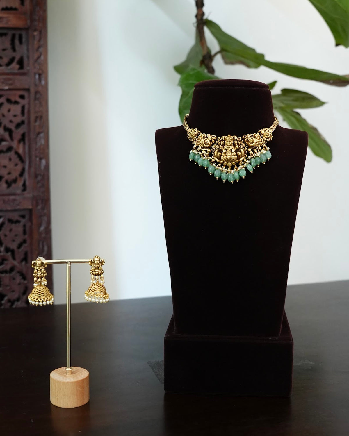 Antique Lakshmi Gold-Finish Choker Necklace Set with Strawberry Beads and Earrings | NC885