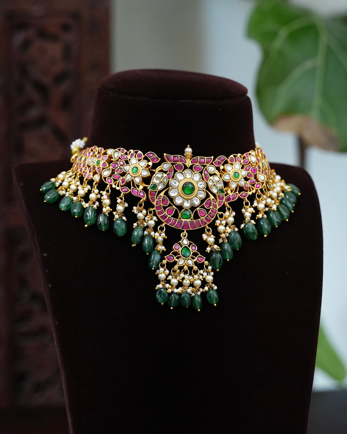Multicolour Jadau Kundan Polki Choker Necklace with Green Pearls | Handmade Gold Plated | NC948