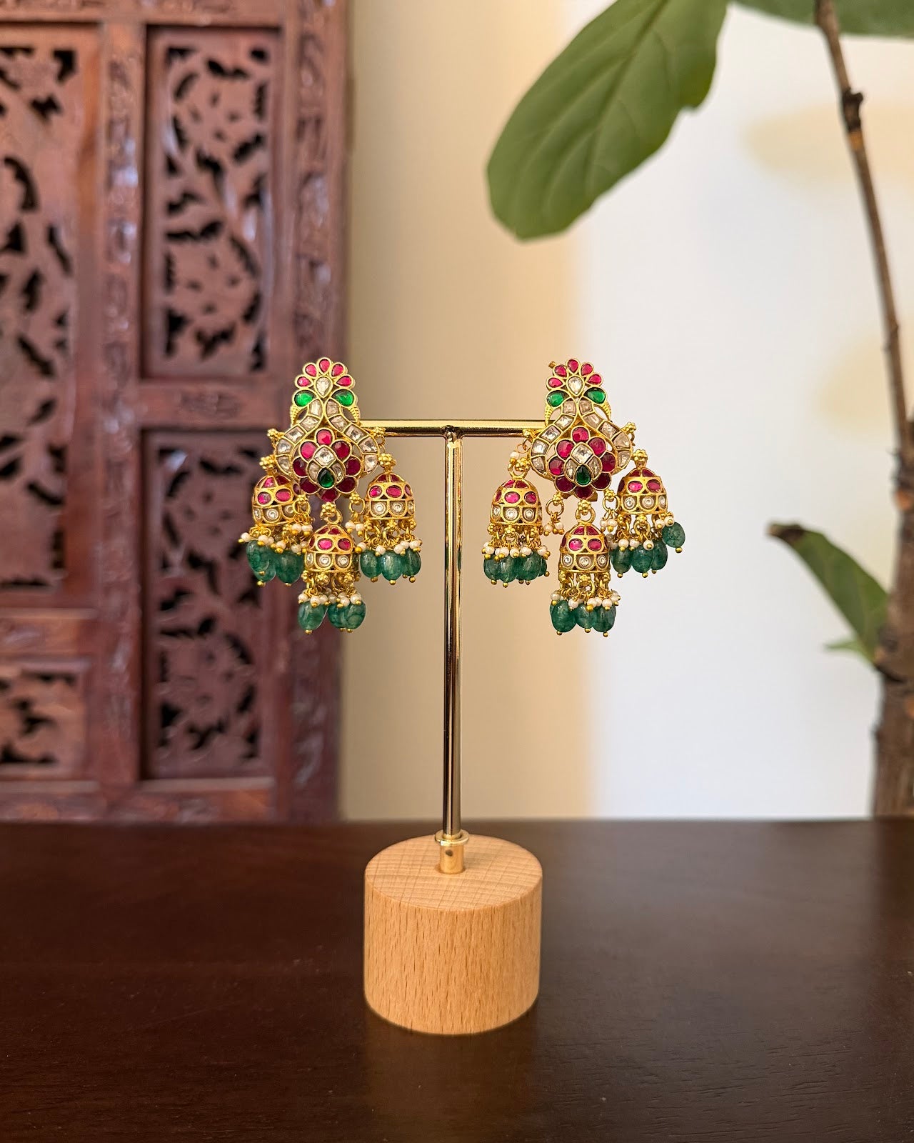 Jadau Kundan Peacock Jhumkas Earrings | Handmade Gold Plated | ER447