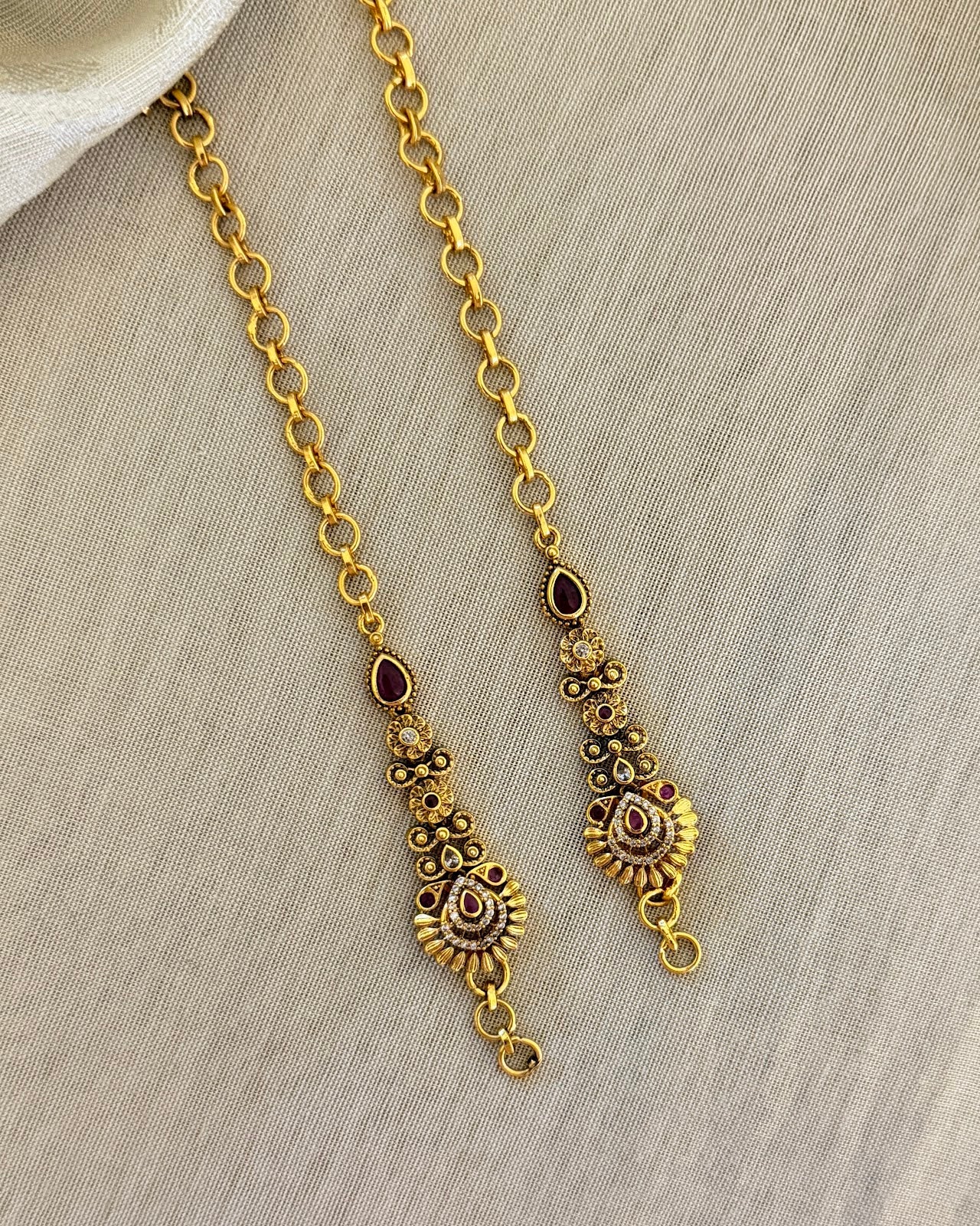 Royal Straight Ear Chain | Antique Gold Finish | Ruby | EC214