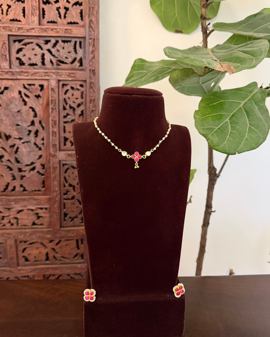 Floral Pearl Delicate Minimal Necklace Set | Ruby | Handmade Gold Plated | NC855