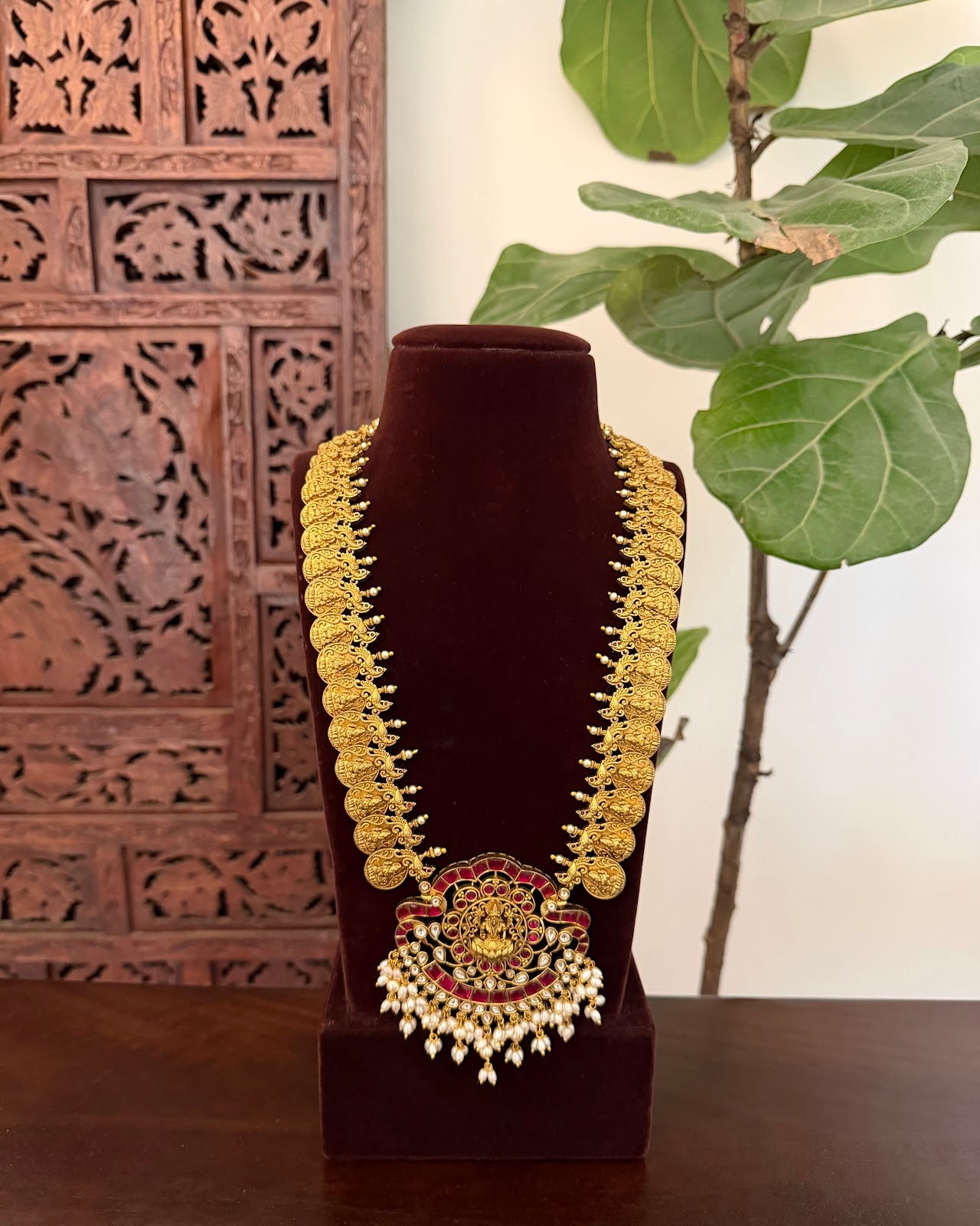 Divine Lakshmi Pendant Pearl Drop Kaasu Haram | Heritage-Inspired Handmade Gold Plated | NC833
