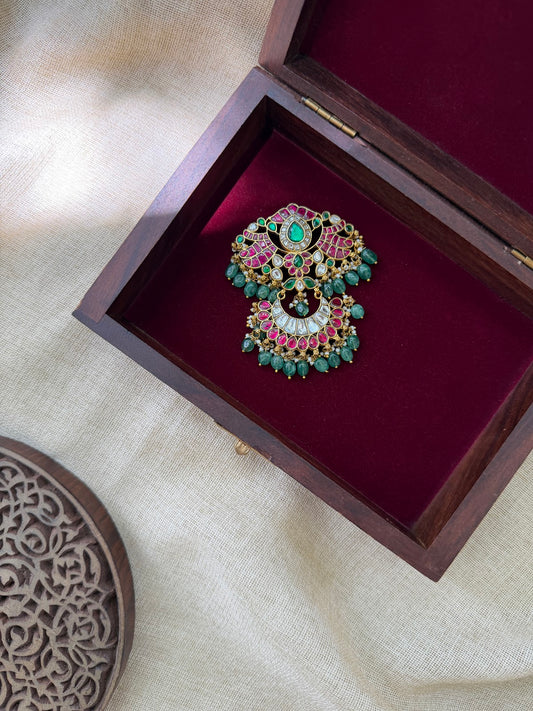 Multicolour Jadau Floral Pendant | Kundan Detailing & Pearl Hanging | Handmade Gold Plated | HA395