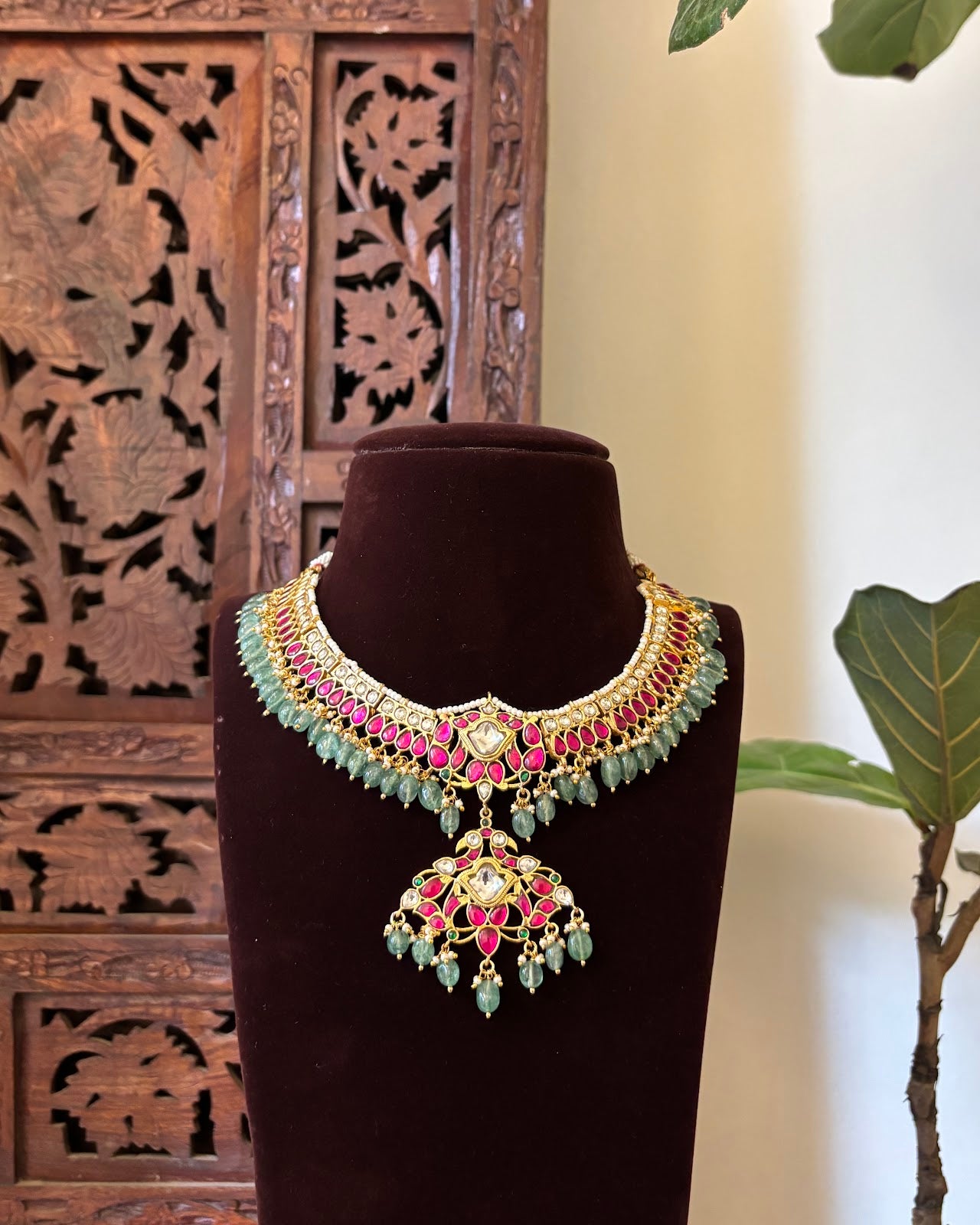 Bridal Jadau Kundan Floral Necklace with Strawberry Beads | Handmade Gold Plated | NC750