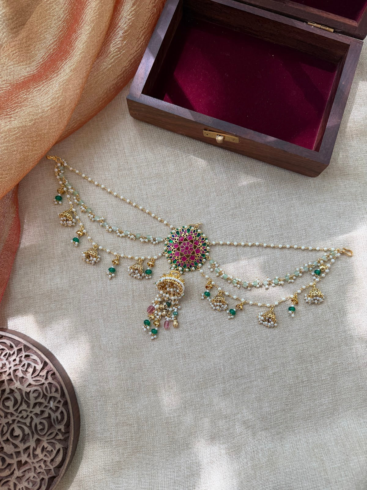 Traditional Jadau Kundan Pendant with Side Chain Hair Accessory HA412