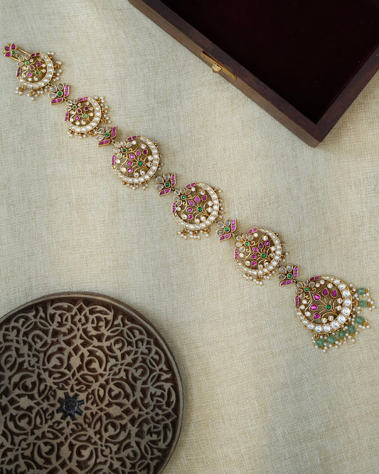 Jadau Kundan Traditional Hair Accessory with Pearl Beads | White and Ruby | HA428