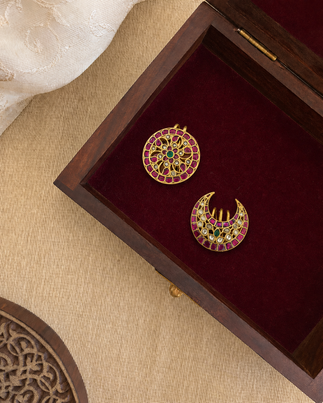 Jadau Kundan Sun & Moon Hair Accessory – Traditional Set | Handmade Gold Plated | HA364