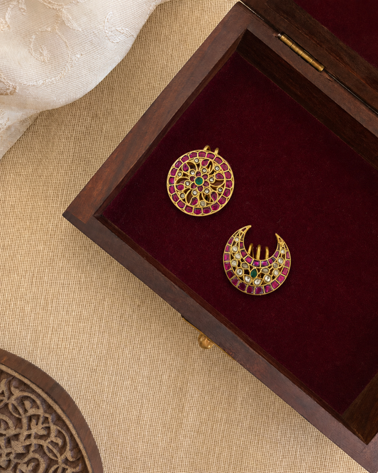 Jadau Kundan Sun & Moon Hair Accessory – Traditional Set | Handmade Gold Plated | HA364