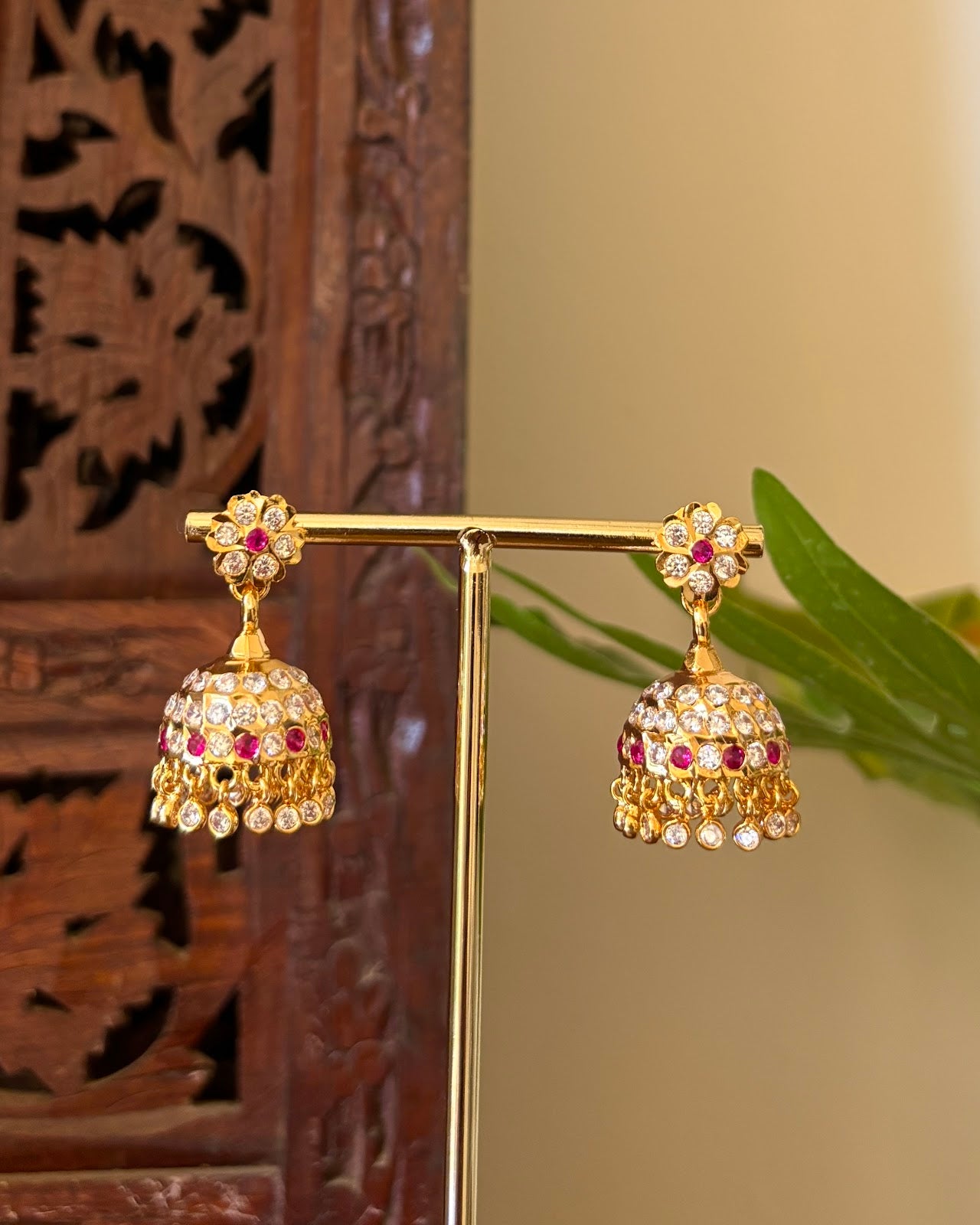 Vintage Impon Small Earrings | Classic Jhumkas | Ruby and White | Handmade Gold Tone | ER442