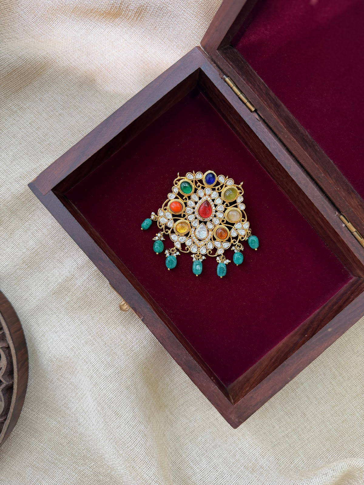 Jadau Kundan Multicolour Floral Pendant | Gold Plated Pearl Drop | HA394