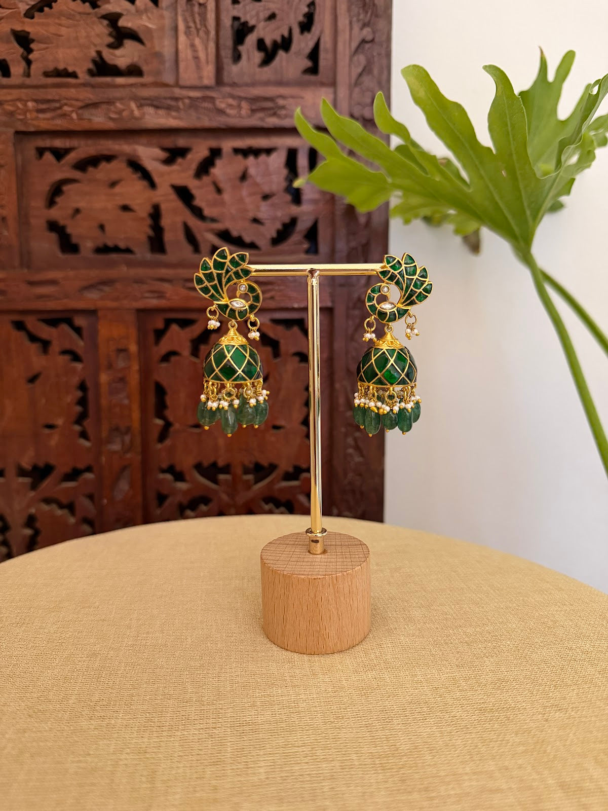 Green Floral Peacock Jadau Kundan Jhumkas | ER417