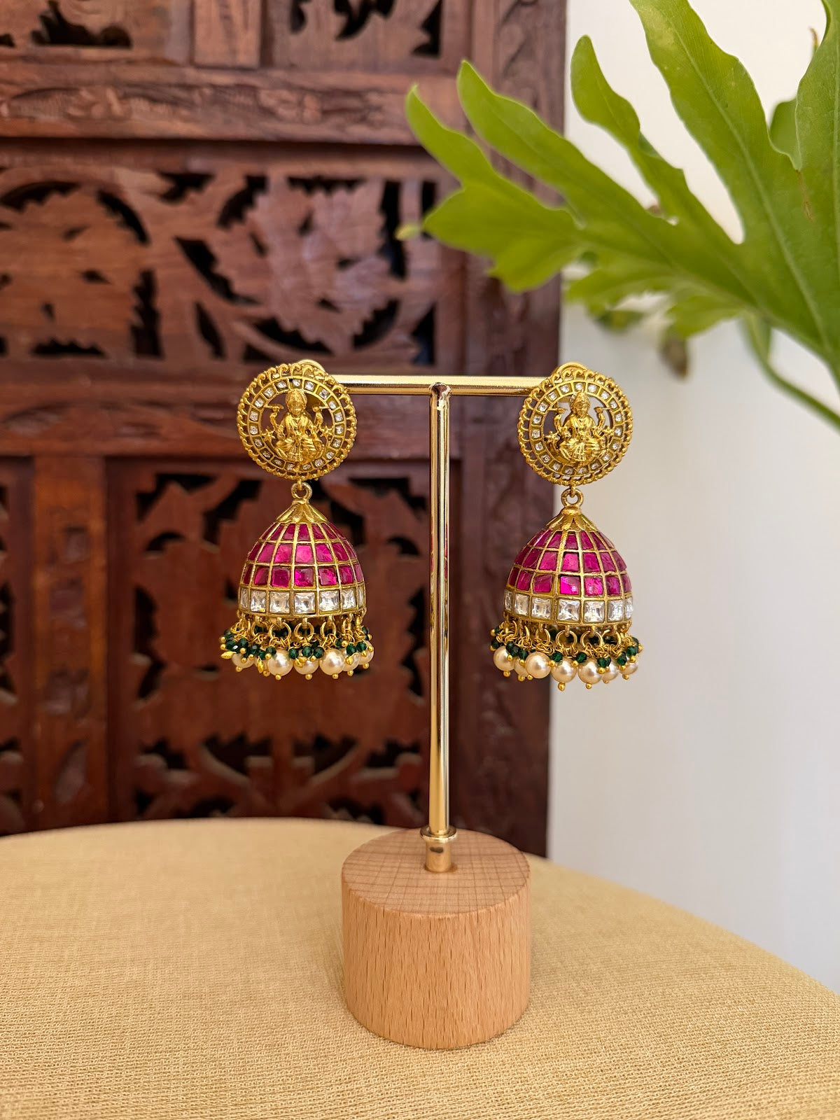 Ruby & White Jadau Kundan Lakshmi Jhumkas | ER413