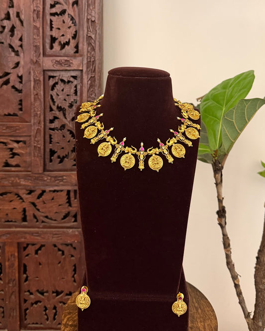 Antique Lakshmi Elephant Kaasu Necklace with Earrings | NC727