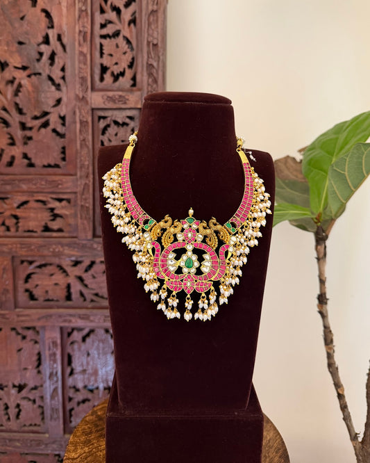 Royal Jadau Kundan Statement Necklace with Peacock Pendant | Handmade Gold Plated | NC781