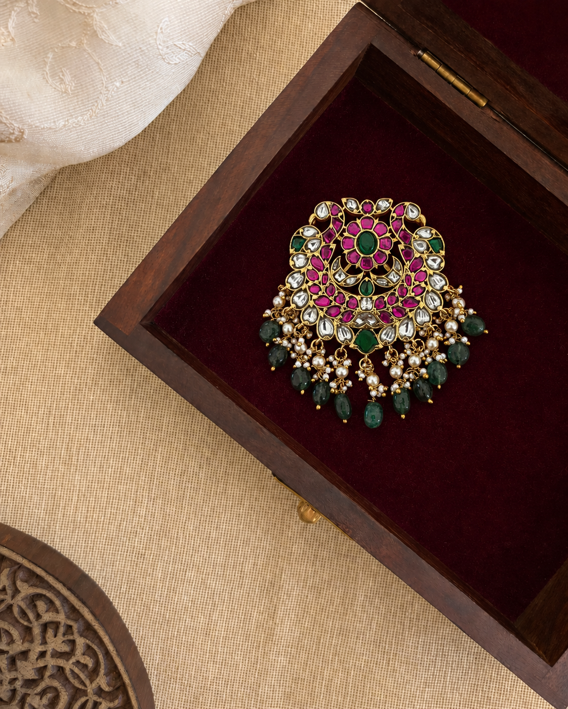 Jadau Kundan Floral Peacock Pendant | Handmade Gold Plated | HA386