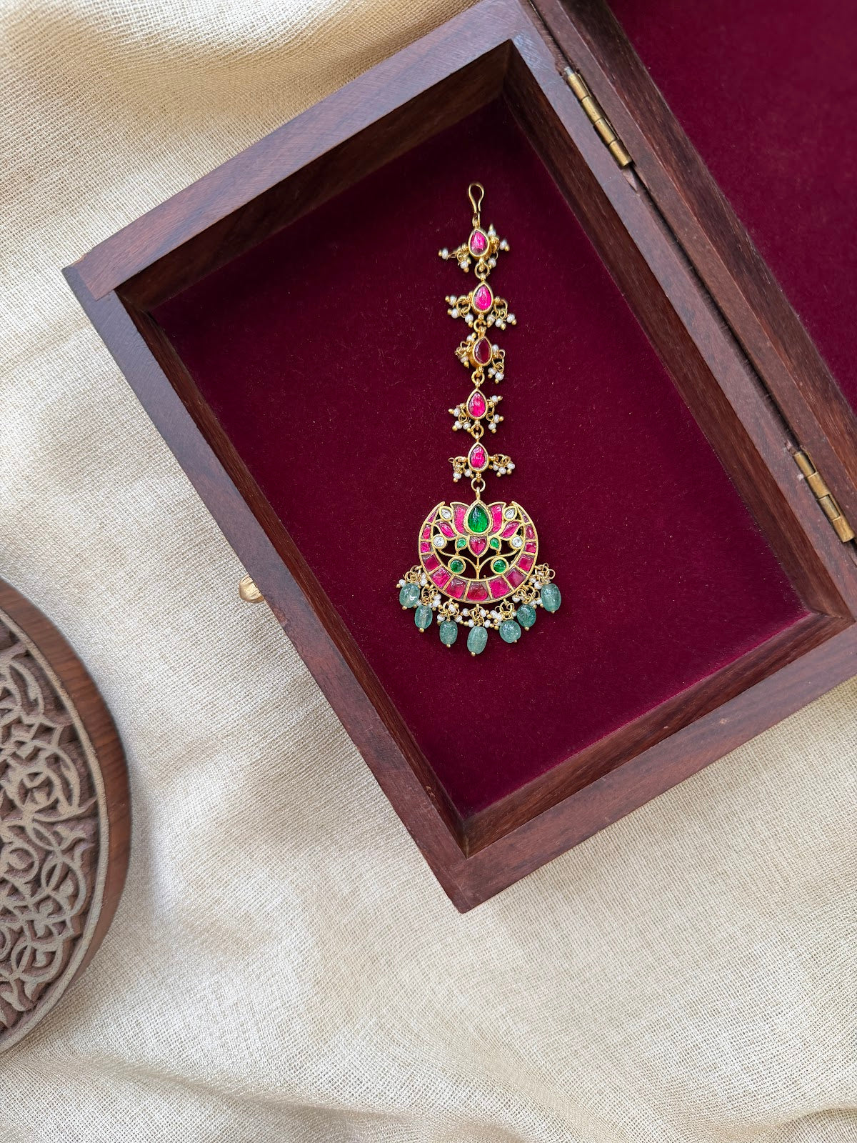 Traditional Lotus Jadau Kundan Maang Tikka | Handmade Gold Plated | MT369