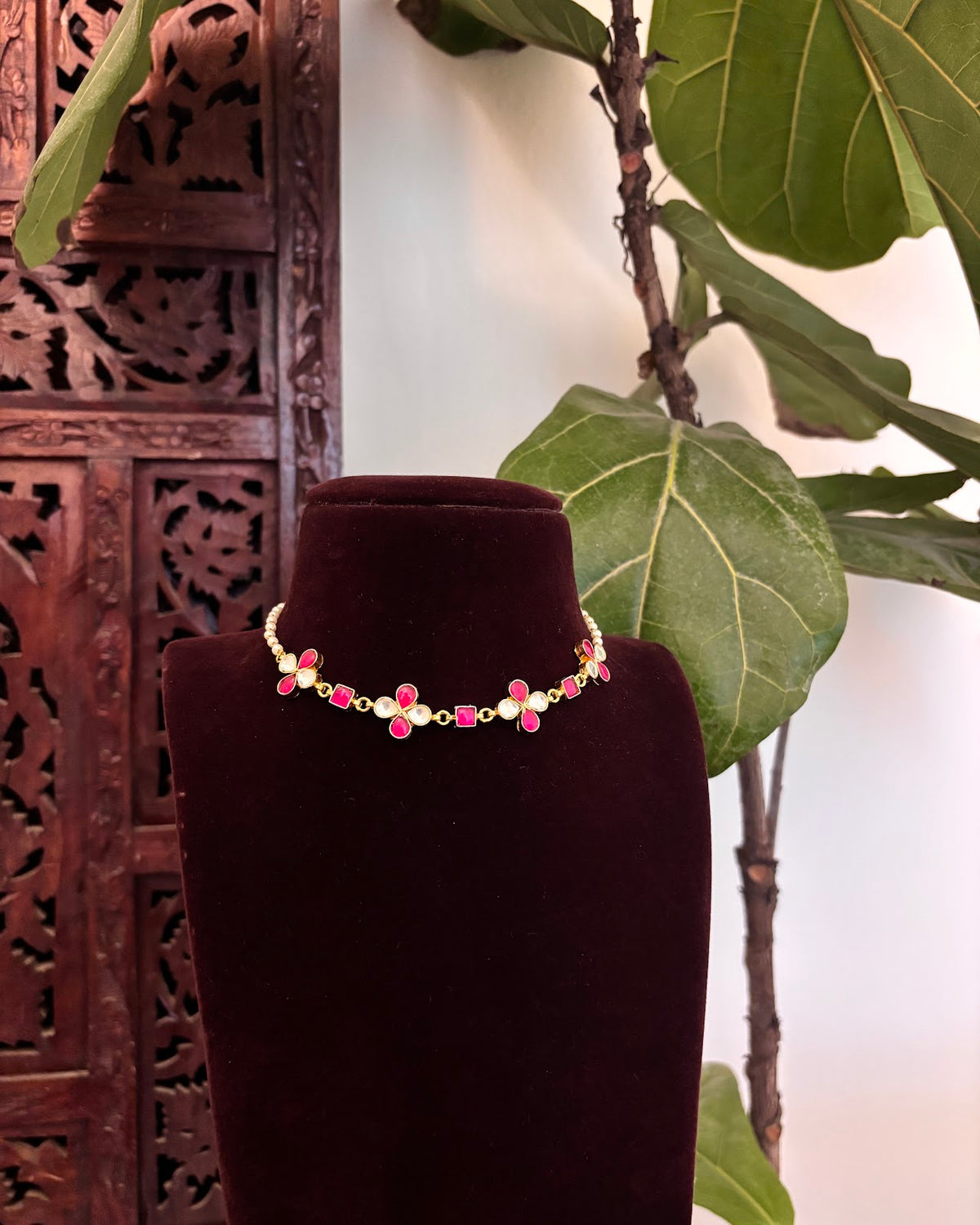 Floral Pearl Delicate Minimal Choker | Ruby | Handmade Gold Plated | NC882