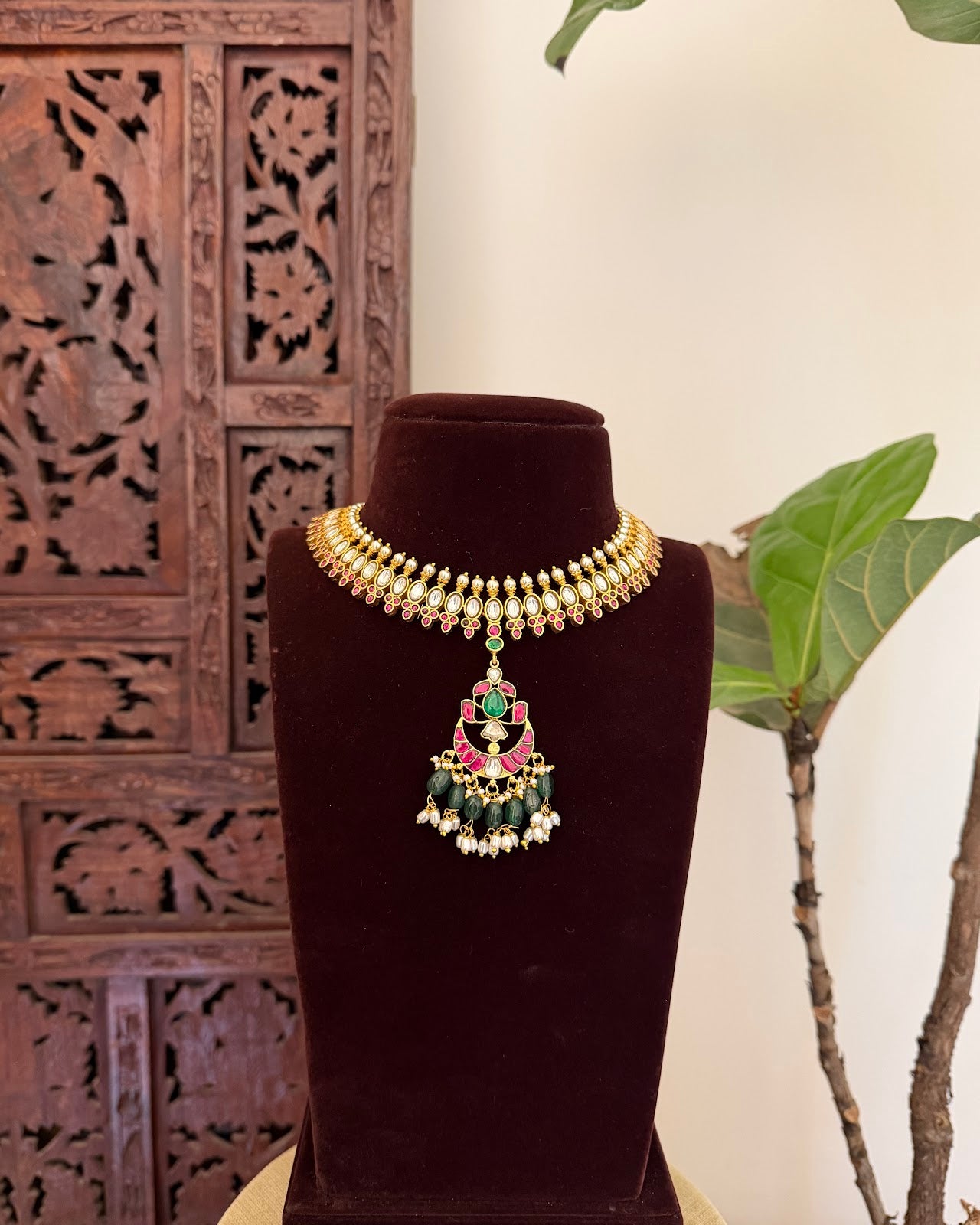 Multicolor Jadau Kundan Choker Necklace with Floral Center Pendant | Handmade Gold Plated | NC782