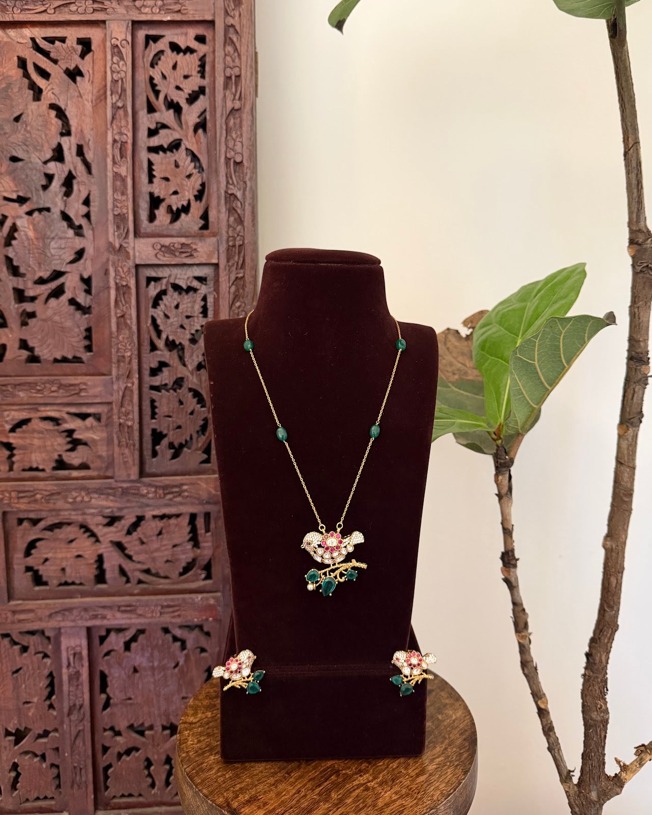 Mossanite Kundan Parrot Floral Necklace Set | Handmade Gold Plated | NC790