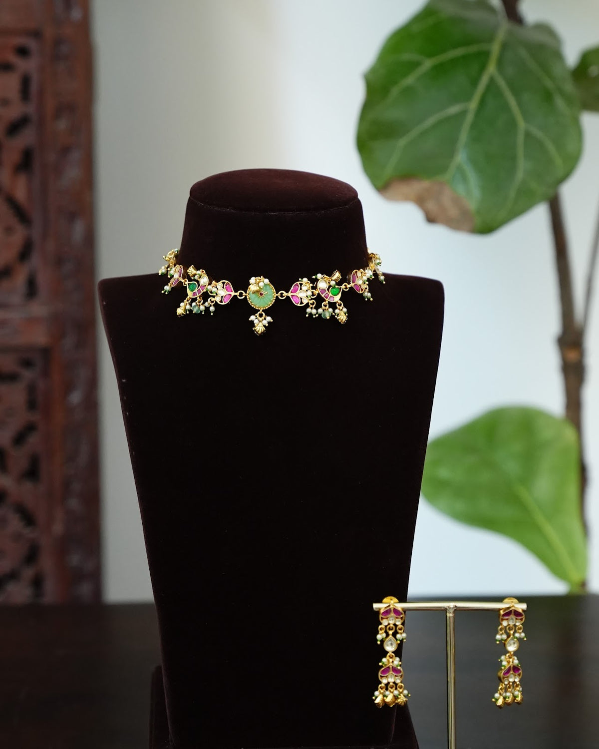 Pachi Kundan Floral Peacock Choker with Earrings | Handmade Gold Plated | NC900