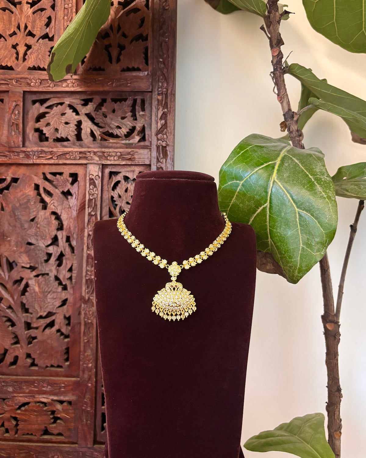 Traditional Vintage Impon White Necklace Set with Earrings | Handmade Gold Tone | NC929