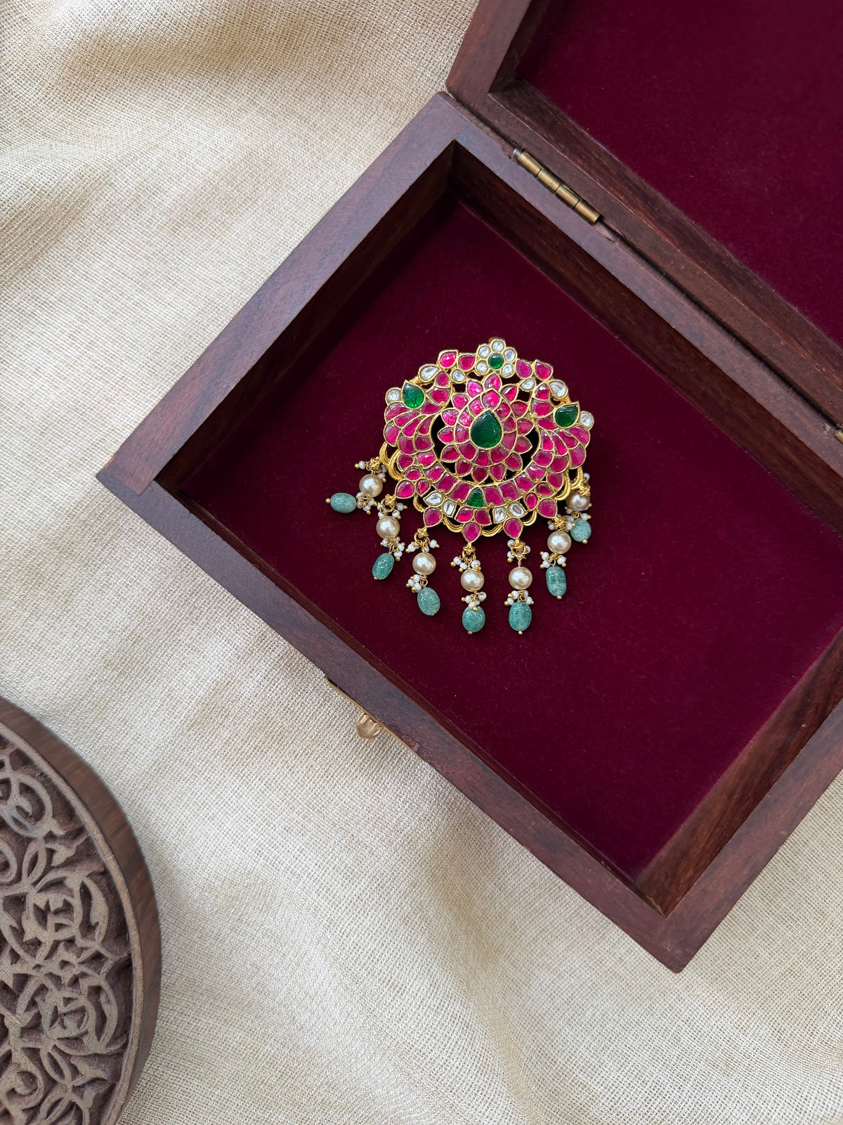 Traditional Kundan Jadau Pendant | Multicolour Floral Design with Pearl Drop | Handmade Gold Plated | HA398