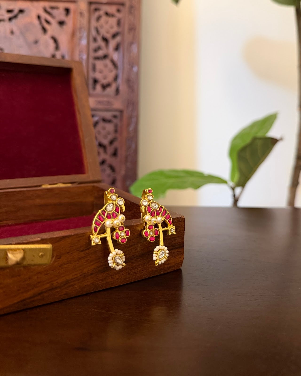 Jadau Kundan Parrot Bugadi | Ruby & White | Handmade Gold Plated | ER449