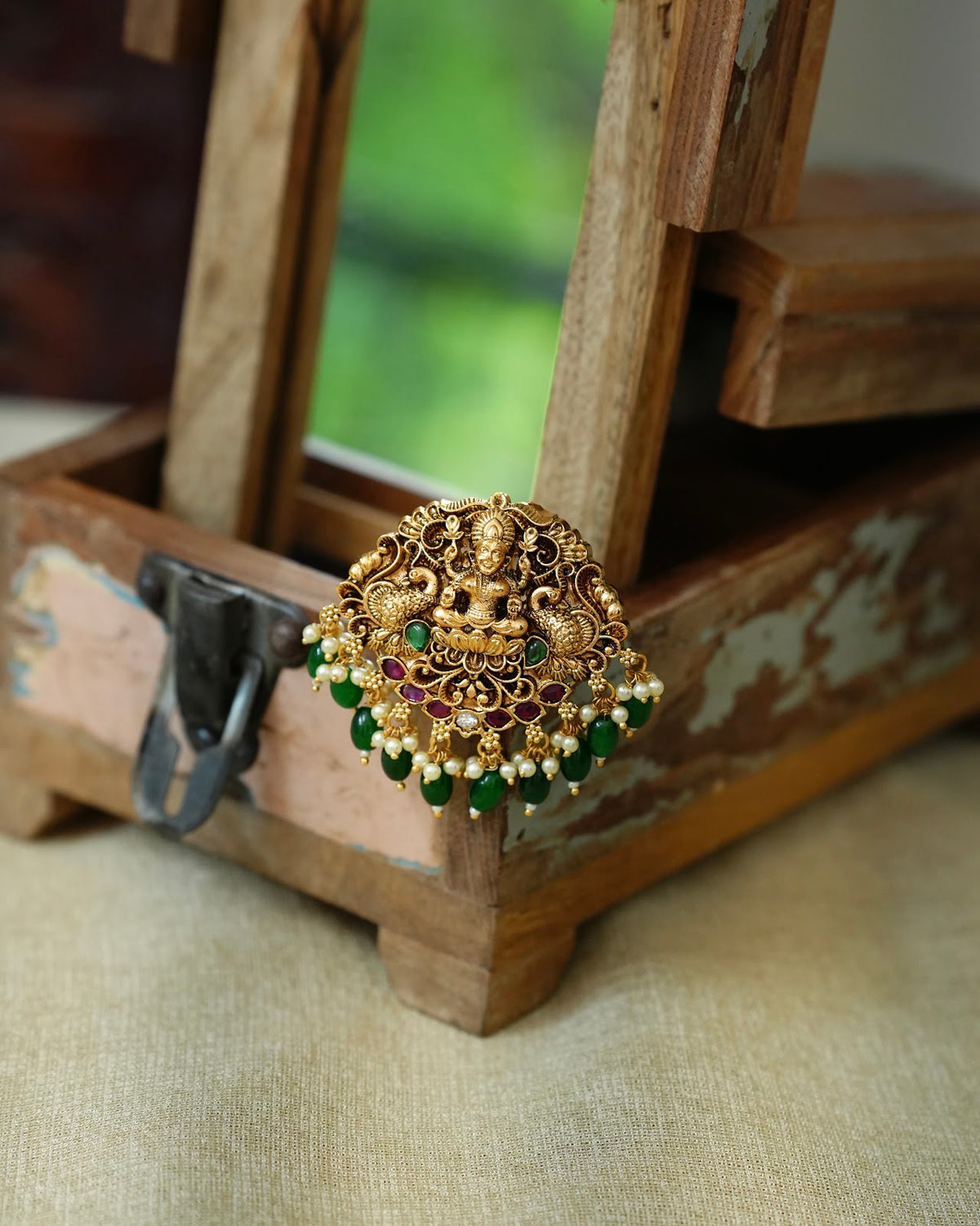 Classic Lakshmi & Peacock Traditional Hair Pendant with Green Beads | Handmade Gold Plated | HA432