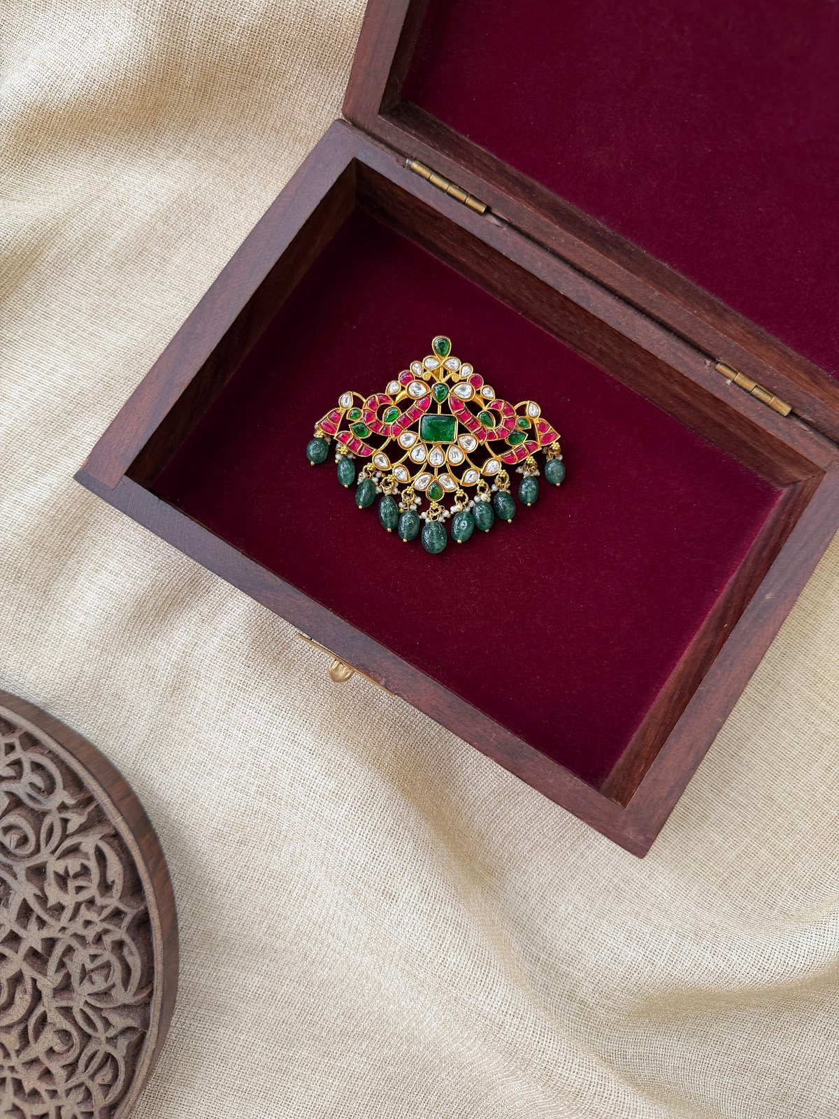 Peacock Motif Jadau Kundan Pendant | Multicolour Gold Plated Pearl Hanging | Handmade | HA399