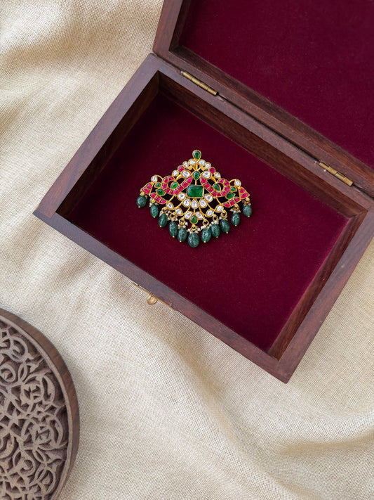 Peacock Motif Jadau Kundan Pendant | Multicolour Gold Plated Pearl Hanging | Handmade | HA399