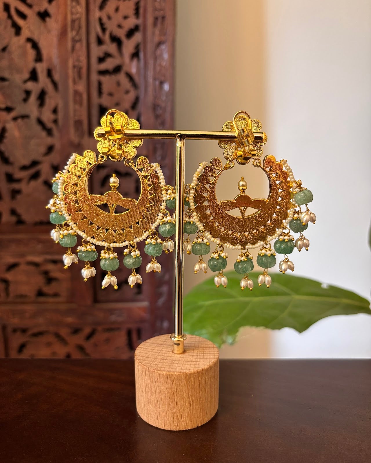 White Floral Jadau Kundan Jhumkas with Green Beads | Handmade Gold Plated | ER473