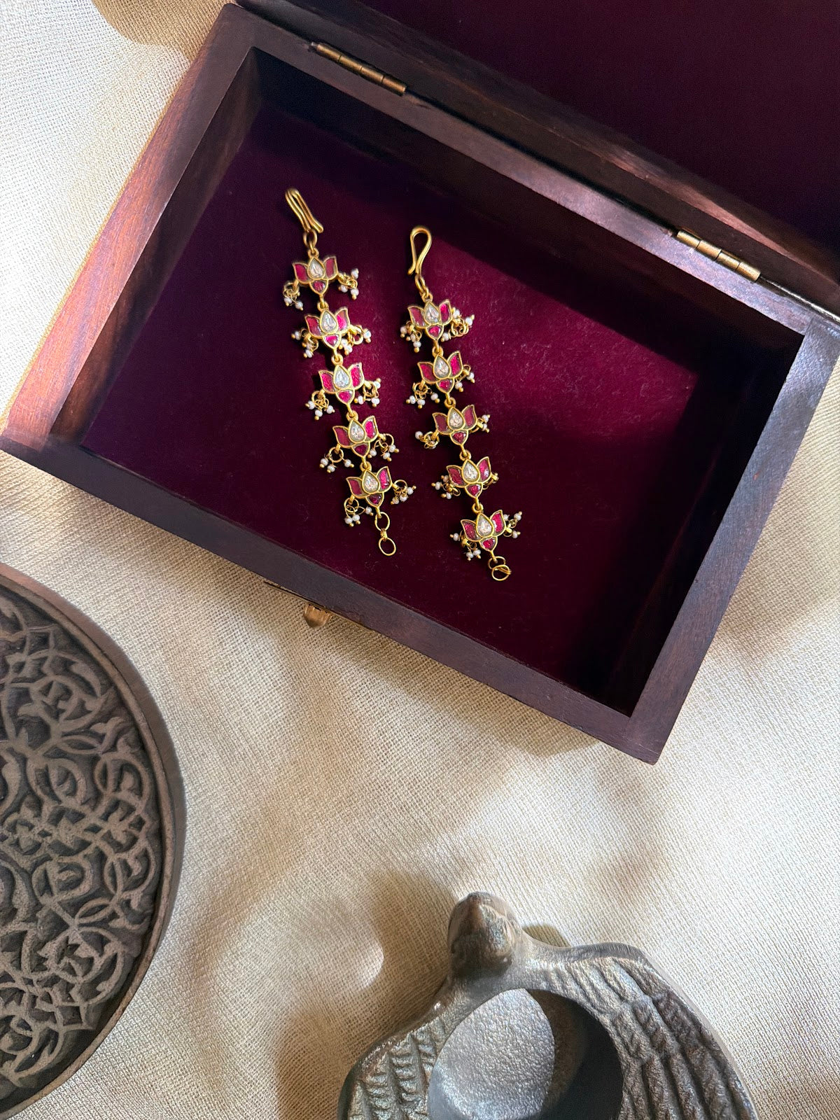 Kundan Floral Straight Ear Chain | Handmade Gold Plated | EC237