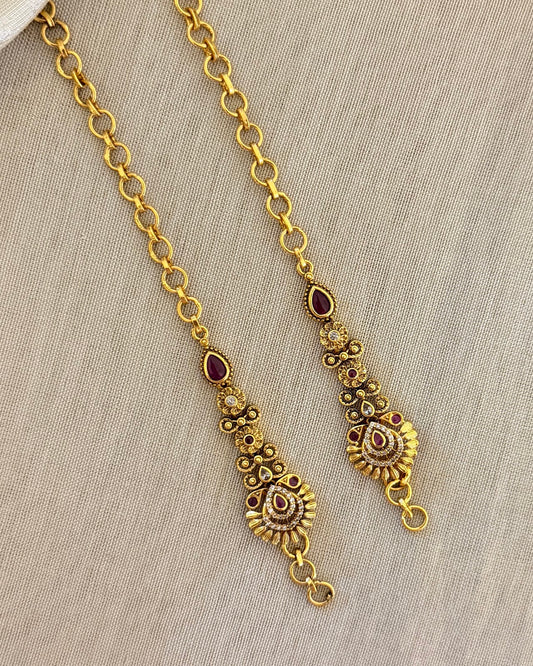 Royal Straight Ear Chain | Antique Gold Finish | Ruby | EC214