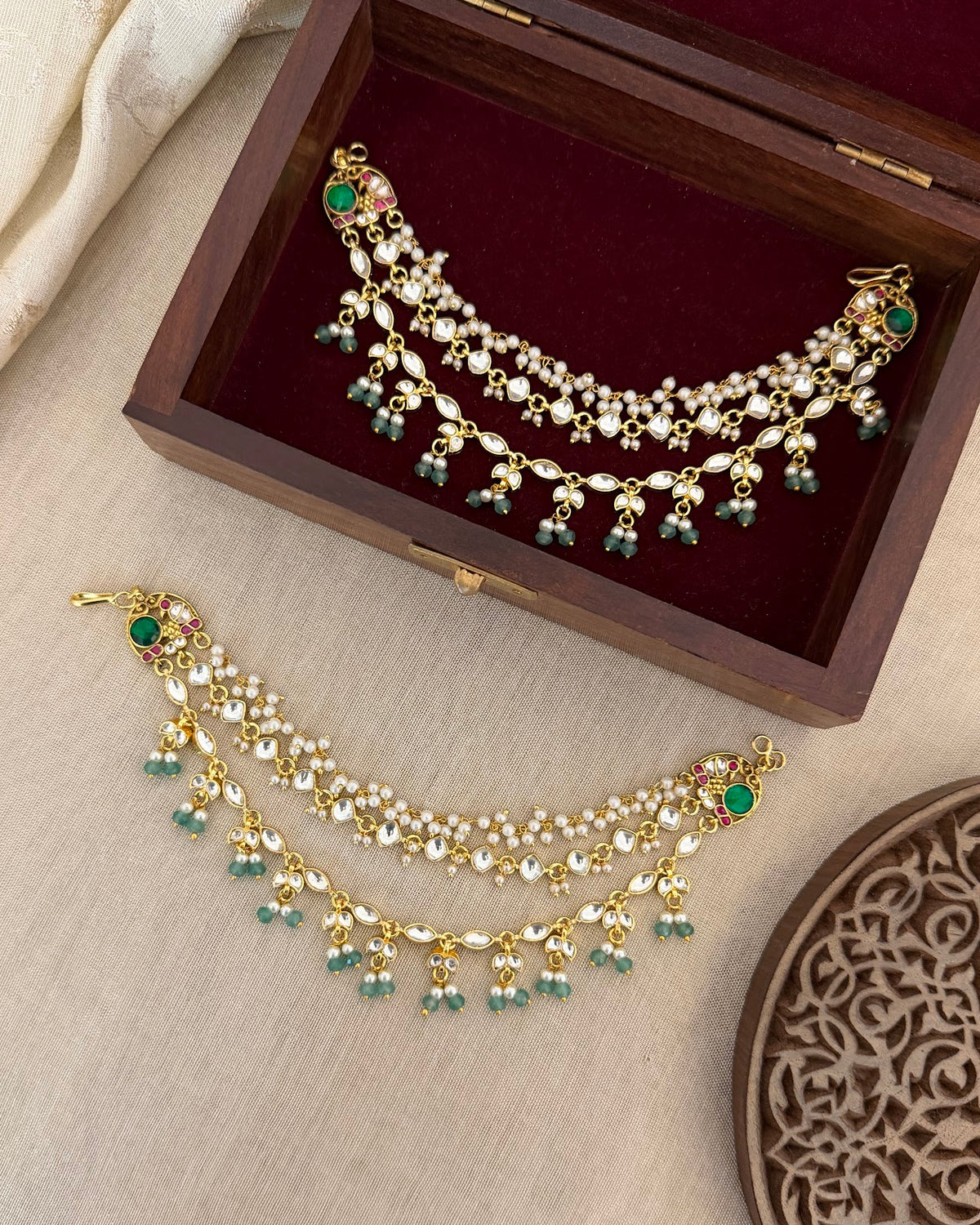 White Jadau Kundan Ear Chain with Pearl Strands | Handmade Gold Plated | EC241