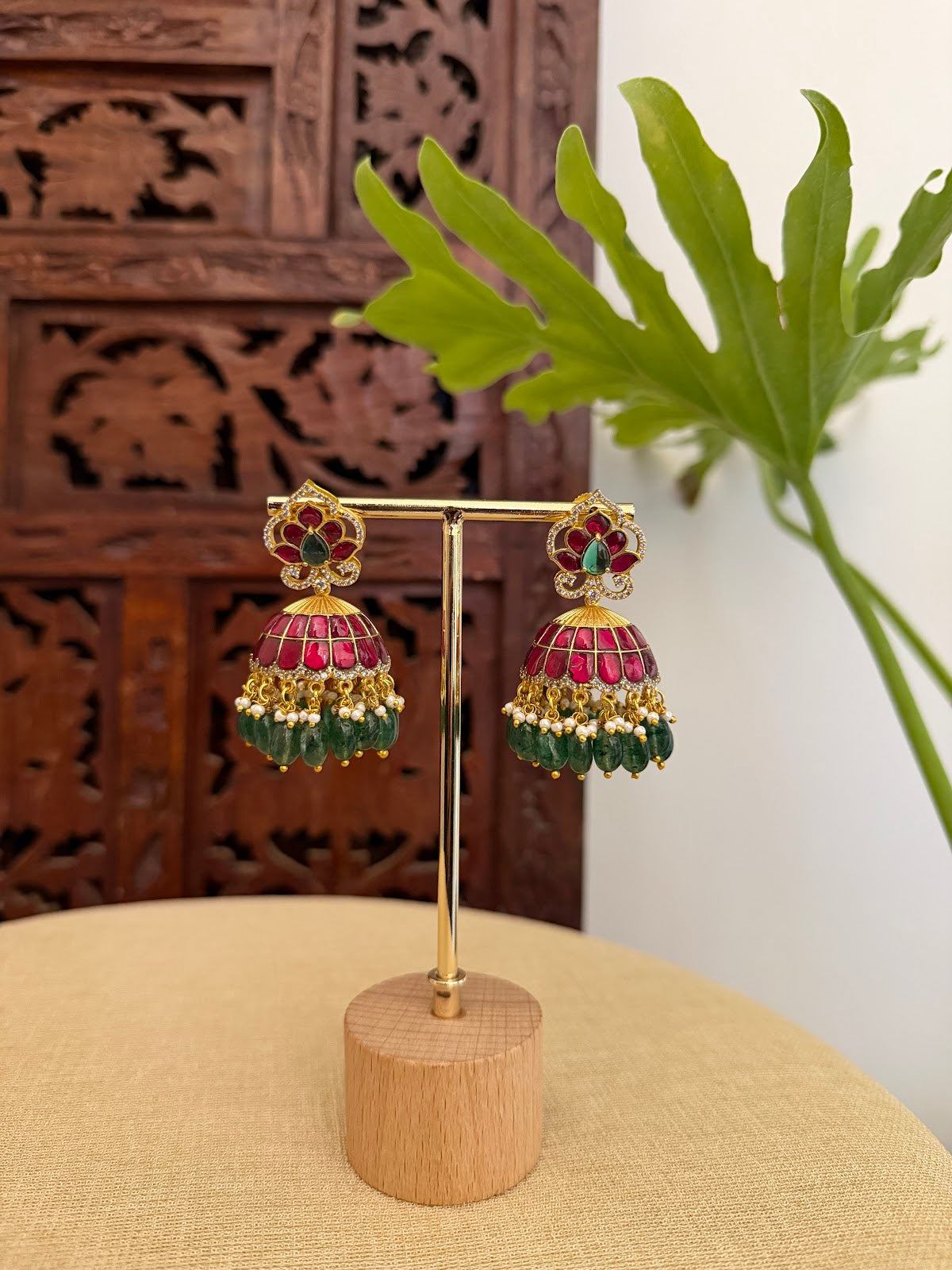 Ruby & Green Floral Jadau Kundan Jhumkas | ER412