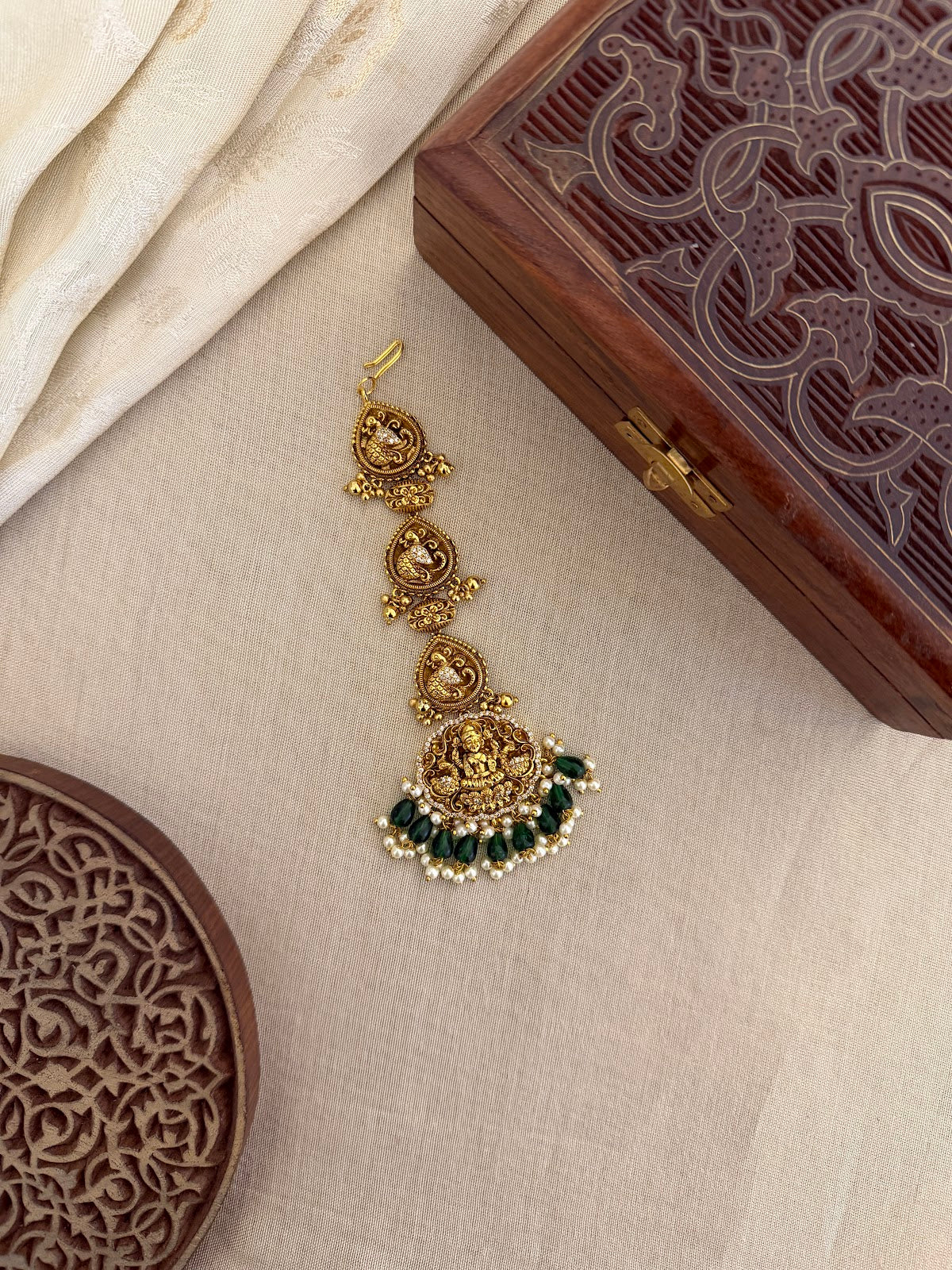 Antique Lakshmi Maang Tikka With Green Beads | MT327