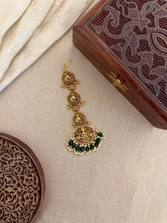 Antique Lakshmi Maang Tikka With Green Beads | MT327