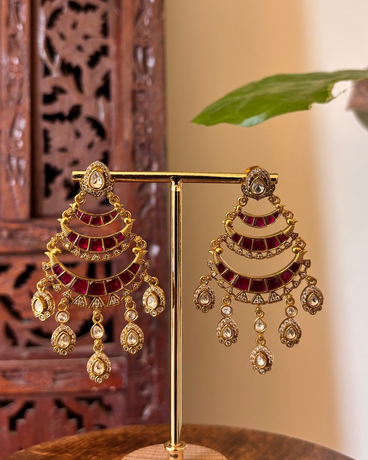 Jadau Kundan Chandbali Ruby Earrings | Handmade Gold Plated | ER459