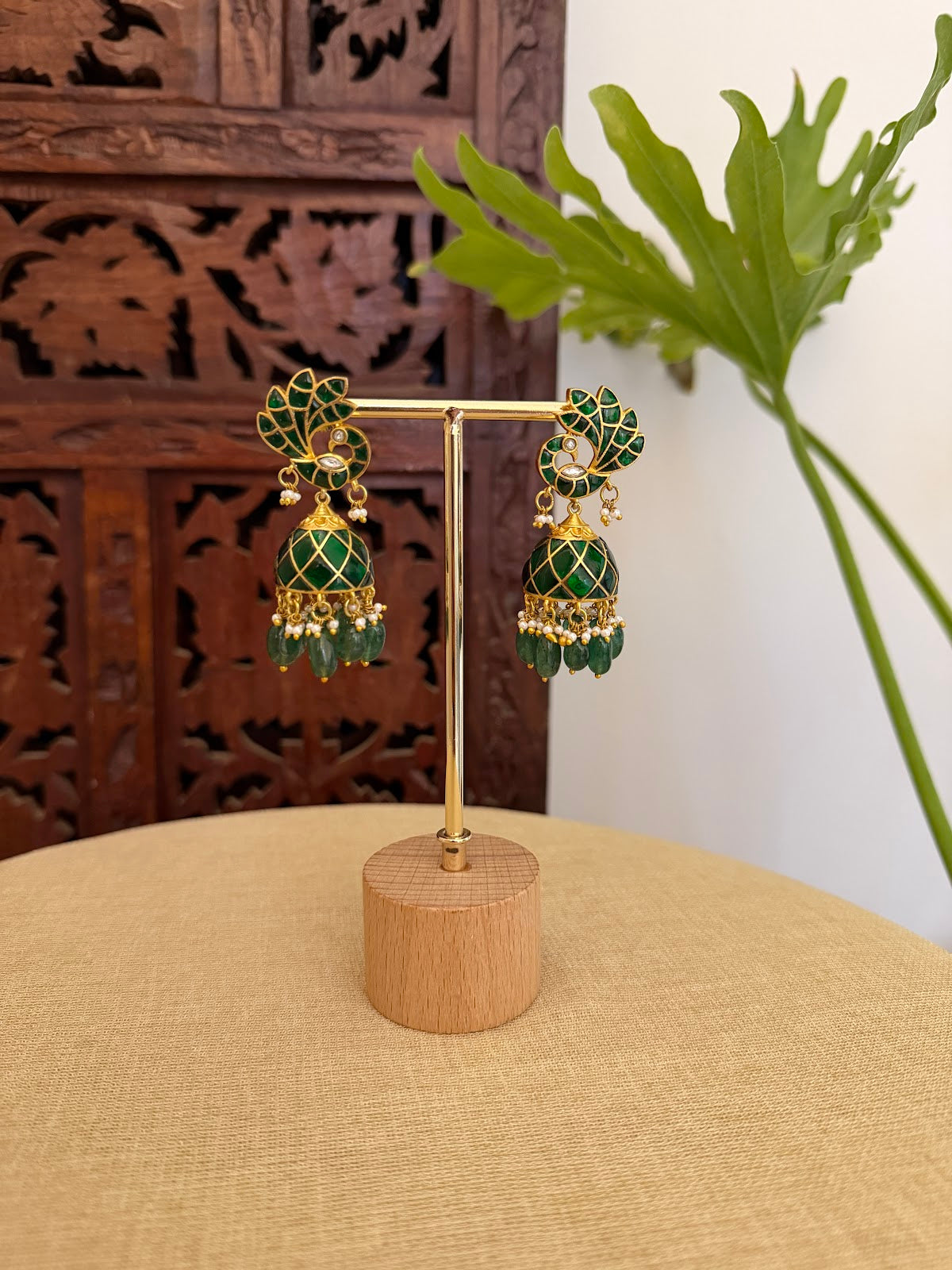 Green Floral Peacock Jadau Kundan Jhumkas | ER417